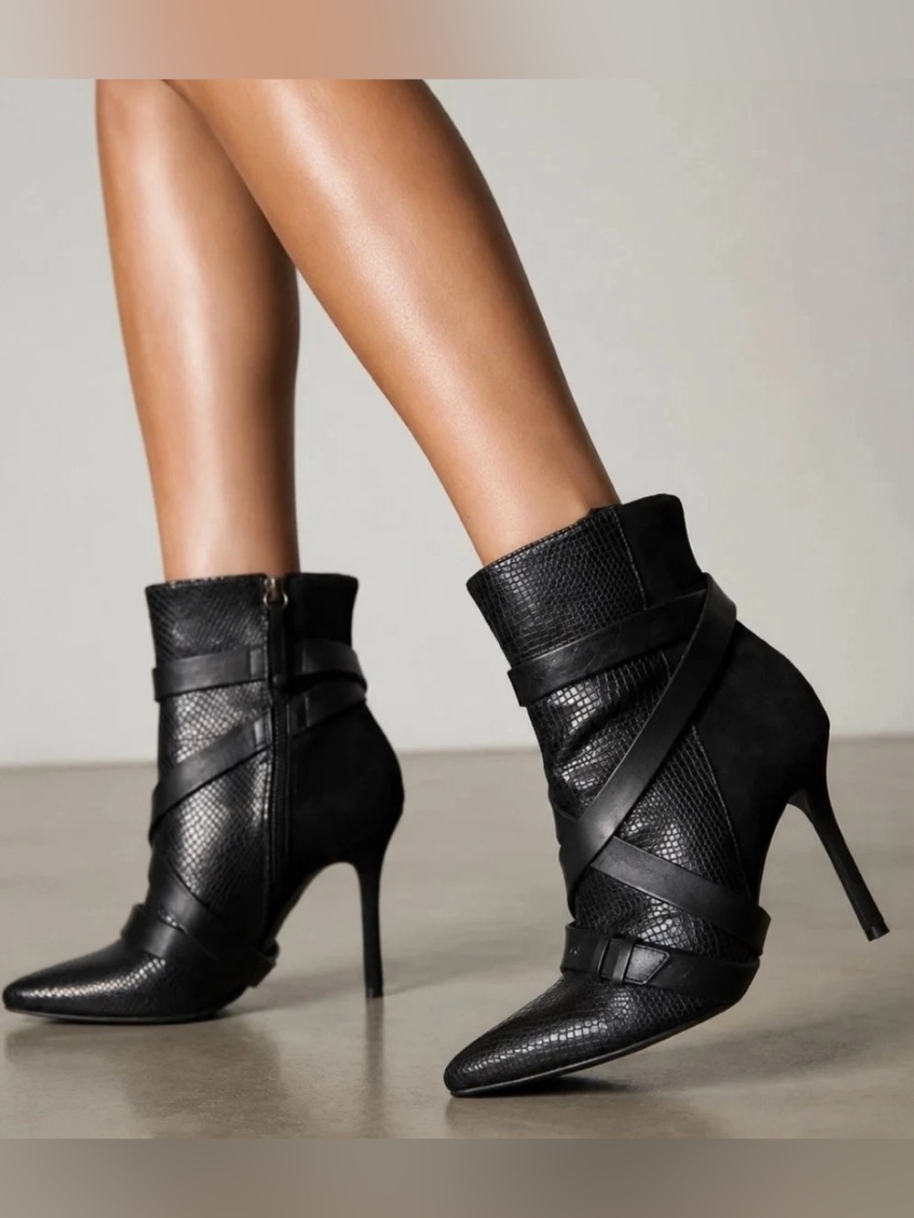 Alice and Olivia Dolan Buckle Suede/Leather Pointed-Toe Stiletto Ankle Boots